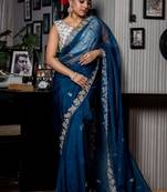 blue woven organza cutdana work all seasons sarees