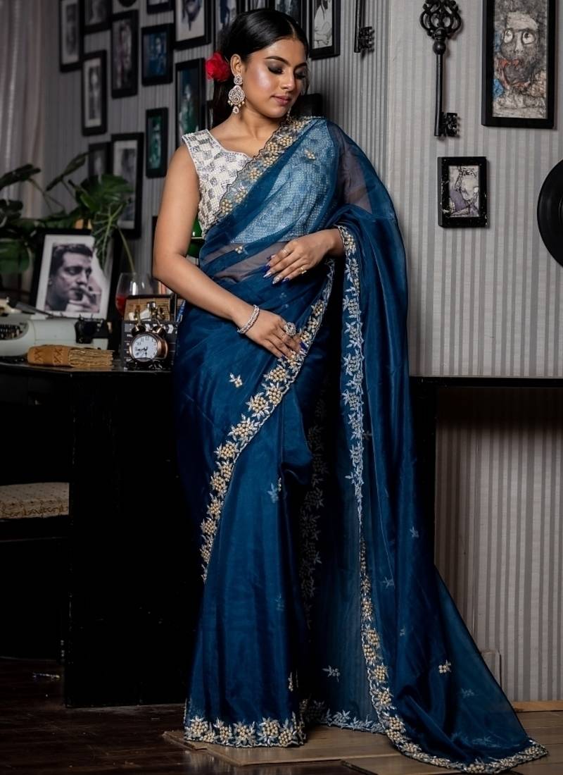 blue woven organza cutdana work all seasons sarees