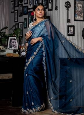 blue woven organza cutdana work all seasons sarees 2