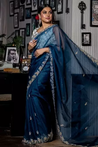 blue woven organza cutdana work all seasons sarees