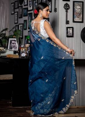 blue woven organza cutdana work all seasons sarees 3