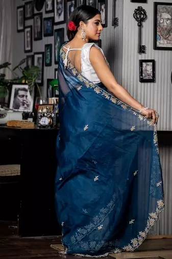 blue woven organza cutdana work all seasons sarees