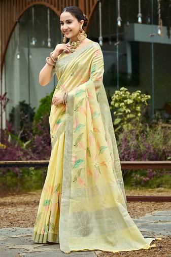 yellow color beautiful rich looks designer linen fabric ceremonial saree