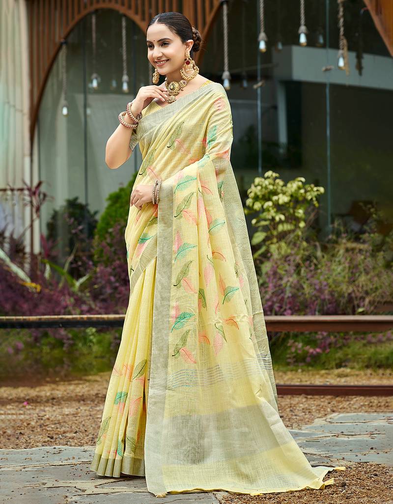 yellow color beautiful rich looks designer linen fabric ceremonial saree