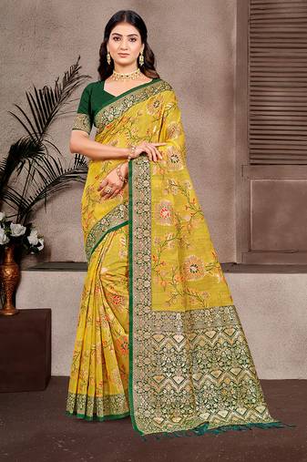 mustard color cotton silk blend fabric woven meenakari designer partywear saree