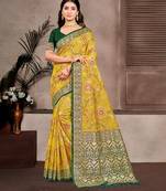 mustard color cotton silk blend fabric woven meenakari designer partywear saree