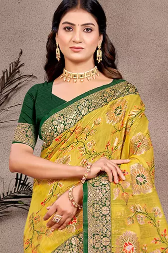 mustard cotton silk blend woven meenakari partywear saree