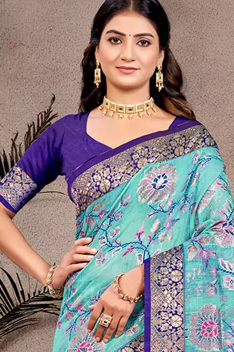 sky blue cotton silk blend woven meenakari partywear saree