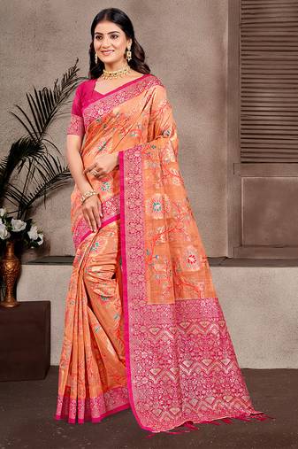 orange color cotton silk blend fabric woven meenakari designer partywear saree