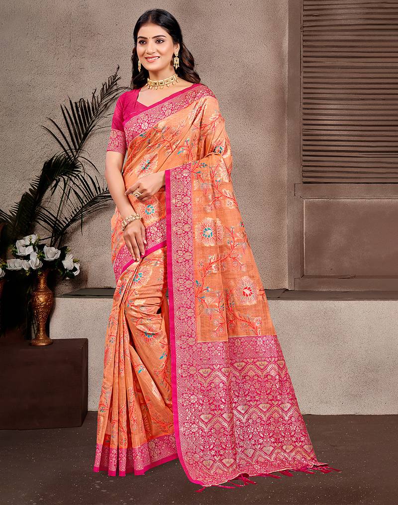 orange color cotton silk blend fabric woven meenakari designer partywear saree