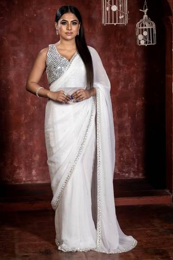 white woven georgette stone work all seasons sarees