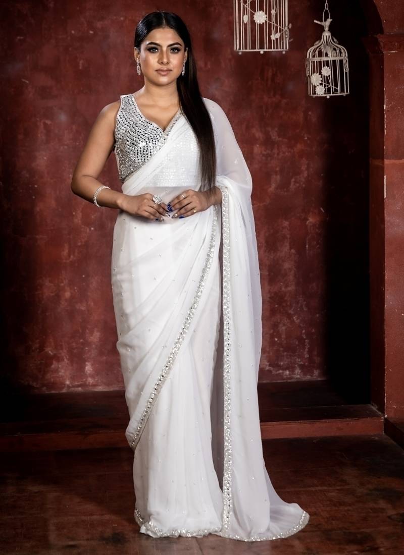 white woven georgette stone work all seasons sarees