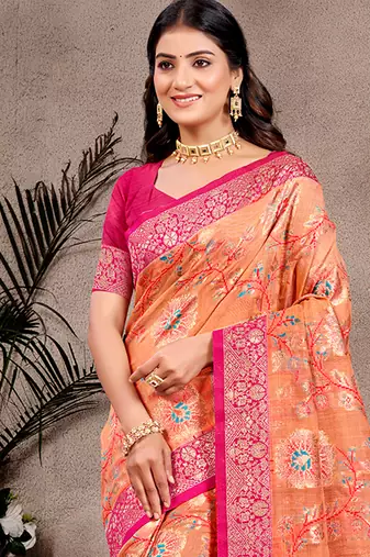 orange cotton silk blend woven meenakari partywear saree