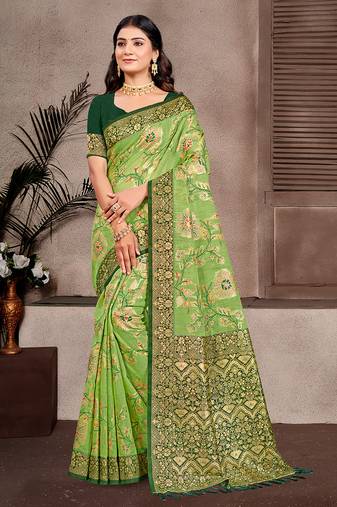 mahendi color cotton silk blend fabric woven meenakari designer partywear saree