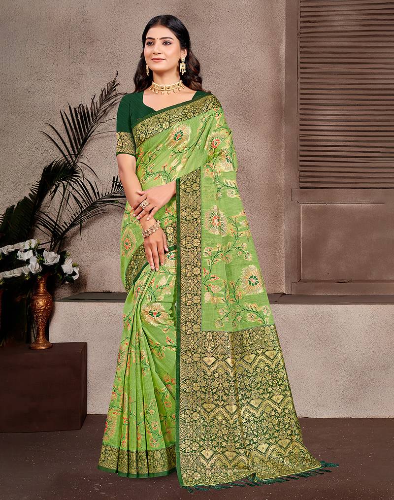 mahendi color cotton silk blend fabric woven meenakari designer partywear saree