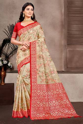 beige color cotton silk blend fabric woven meenakari designer partywear saree