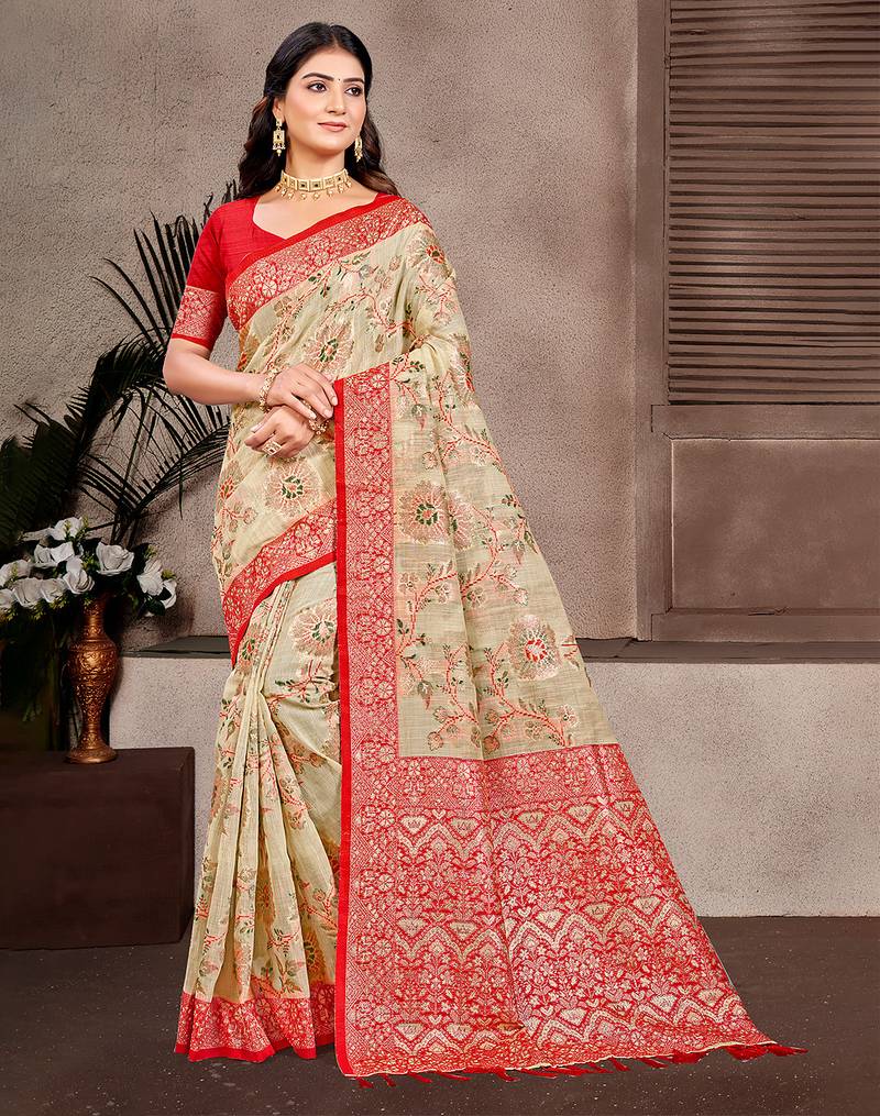beige color cotton silk blend fabric woven meenakari designer partywear saree