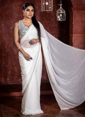 white woven georgette stone work all seasons sarees 3