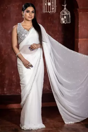 white woven georgette stone work all seasons sarees