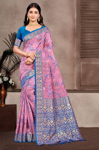 light pink color cotton silk blend fabric woven meenakari designer partywear saree