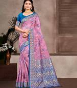 light pink color cotton silk blend fabric woven meenakari designer partywear saree