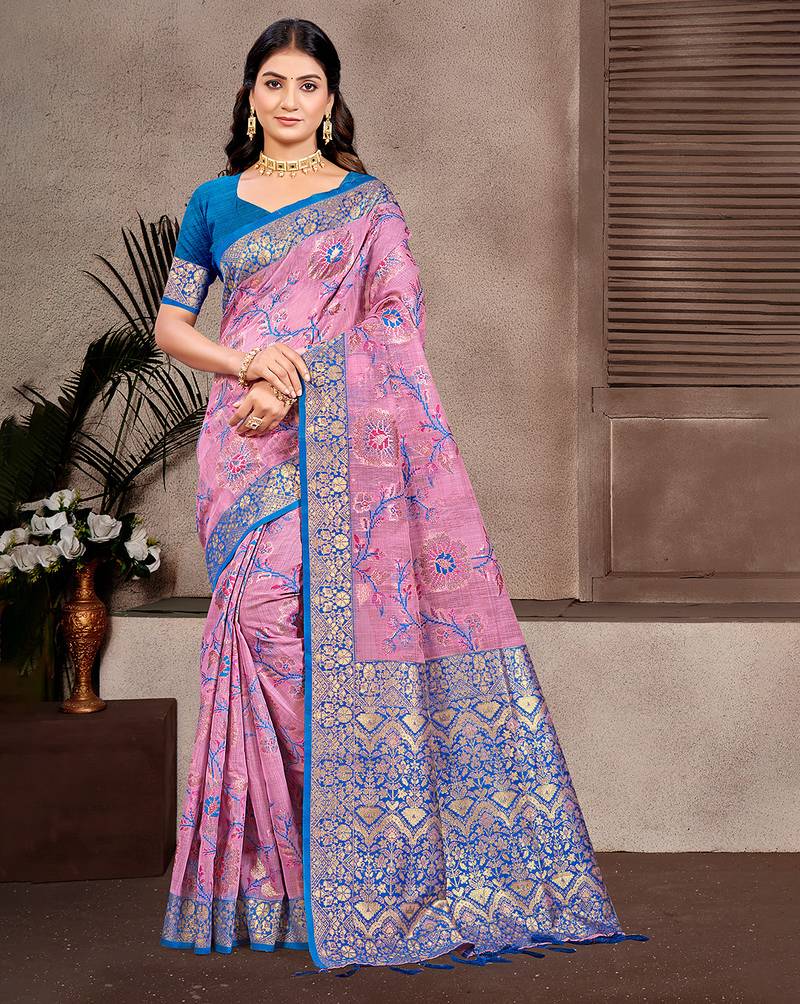 light pink color cotton silk blend fabric woven meenakari designer partywear saree