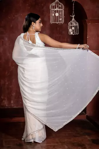 white woven georgette stone work all seasons sarees