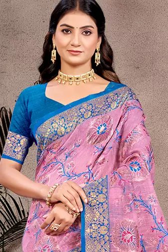 light pink cotton silk blend woven meenakari partywear saree