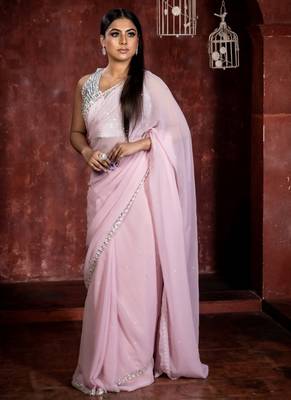 pink woven georgette stone work all seasons sarees 1