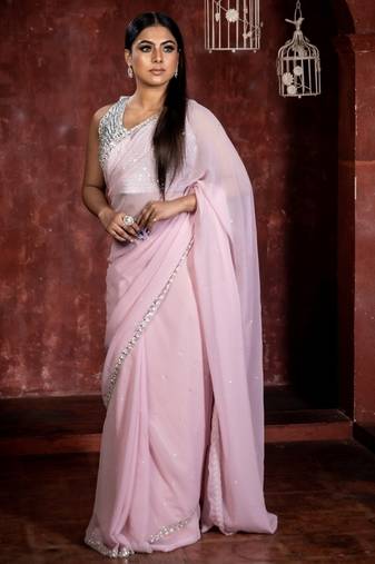 pink woven georgette stone work all seasons sarees