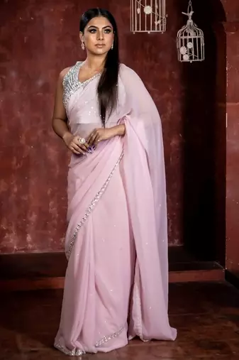 pink woven georgette stone work all seasons sarees