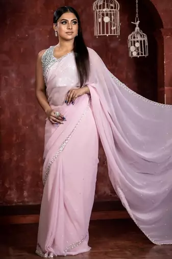 pink woven georgette stone work all seasons sarees
