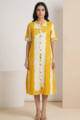 Yellow striped embroidered cotton straight kurti