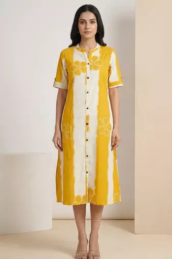 Yellow striped embroidered cotton straight kurti