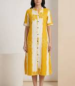Yellow striped embroidered cotton straight kurti