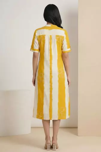 Yellow striped embroidered cotton straight kurti