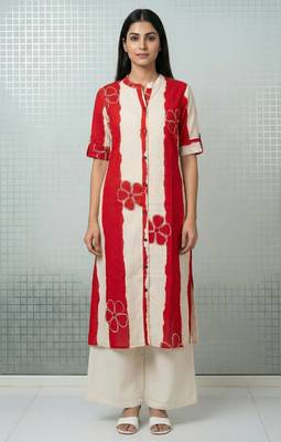Red striped floral embroidery cotton straight kurti 1