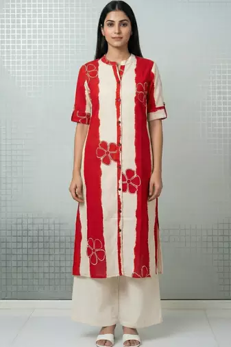 Red striped floral embroidery cotton straight kurti
