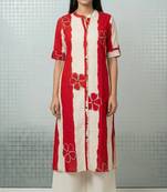Red striped floral embroidery cotton straight kurti