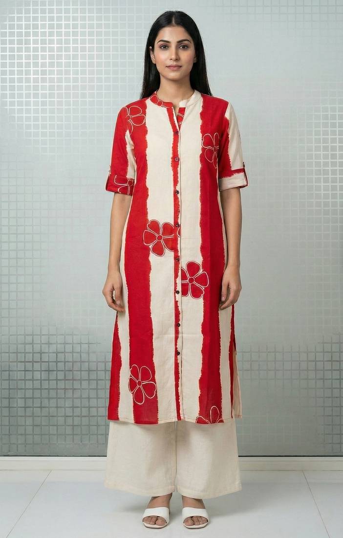 Red striped floral embroidery cotton straight kurti