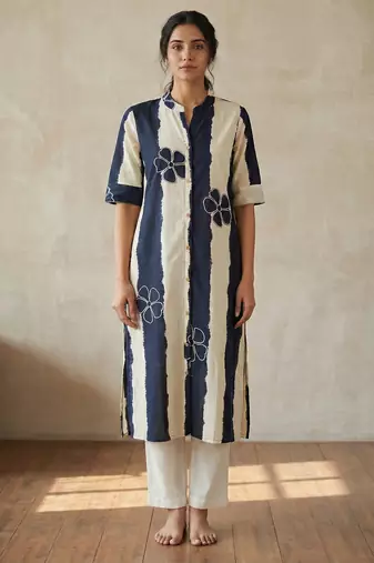 Navy blue striped floral embroidered cotton straight kurti