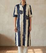 Navy blue striped floral embroidered cotton straight kurti