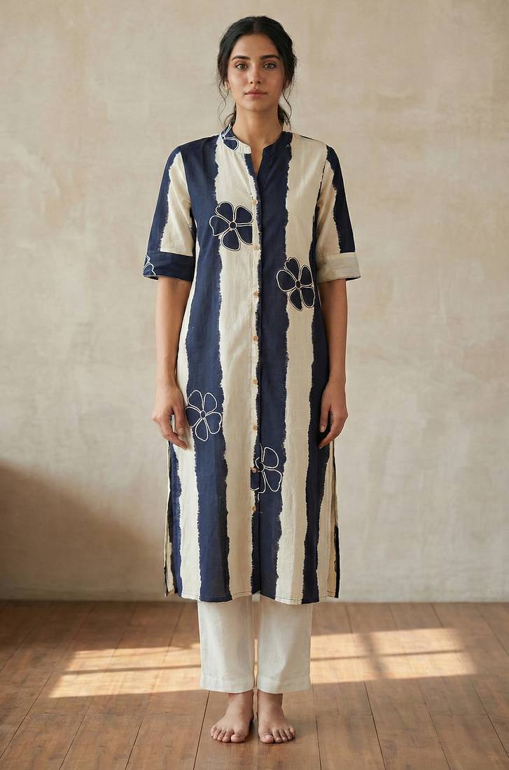 Navy blue striped floral embroidered cotton straight kurti
