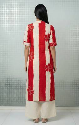 Red striped floral embroidery cotton straight kurti 2