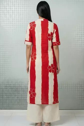 Red striped floral embroidery cotton straight kurti