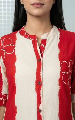 Red striped floral embroidery cotton straight kurti 3