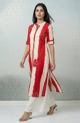 Red striped floral embroidery cotton straight kurti 4