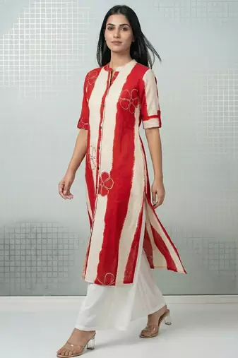 Red striped floral embroidery cotton straight kurti