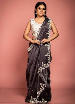 grey woven organza sequins work all seasons sarees 1
