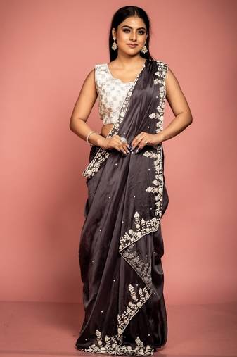 grey woven organza sequins work all seasons sarees